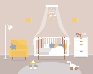 Bebekler için çocuk odası. İç dizayn. Düz biçimli vektör illüstrasyonu.