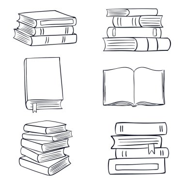 Öğrenmek için kitap koleksiyonu elementleri. Karalama tarzında farklı kitap koleksiyonu. Beyaz üzerine izole edilmiş vektör kümesi