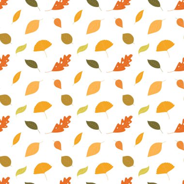 Beyaz arka planda sonbahar yaprakları olan kusursuz bir desen. Sonbahar yaprakları pürüzsüz arka plan. Desenler, baskılar ve ürün tasarımı için arka plan yineleniyor