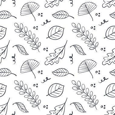 Farklı ağaçlardan elle çizilmiş sonbahar yaprakları. Kusursuz desen. Tekstil veya kitap kapakları için arka plan, duvar kağıdı, tasarım, grafik, baskı, hobiler, davetiyeler. Vektör 