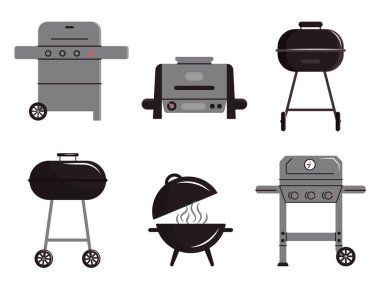 Sabit barbekü ızgara seti. Elektrikli ızgara, gaz ızgarası. Yemek pişirme aleti. Vektör illüstrasyonu