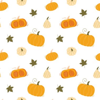 Balkabaklarıyla kusursuz desen. Tatlı el, çeşitli balkabakları, kabaklar ve kavunları ılık sonbahar renklerinde çizmiş. Sonbahar hasadı, Cadılar Bayramı ve Şükran Günü tasarımları için mükemmel. Vektör