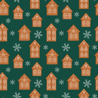 Beyaz krema ve koyu yeşil arka planda kar taneleriyle süslenmiş geleneksel zencefilli kurabiye evlerinin yer aldığı şenliksiz Noel deseni. Tatil tekstili ve ambalaj kağıdı için mükemmel. Vektör