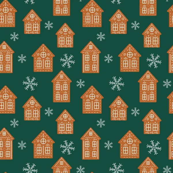 Beyaz krema ve koyu yeşil arka planda kar taneleriyle süslenmiş geleneksel zencefilli kurabiye evlerinin yer aldığı şenliksiz Noel deseni. Tatil tekstili ve ambalaj kağıdı için mükemmel. Vektör