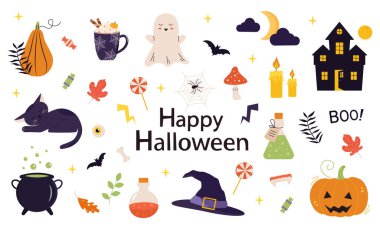 Cadılar Bayramı öğeleri ve simgelerinin vektör seti. Balkabakları, hayaletler, kara kedi, perili ev ve şekerlerin yer aldığı koleksiyon, festivalsel sonbahar tasarımları için düz çizgi film tarzı.