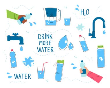 Vektör illüstrasyonu içme suyu hakkında ayarlandı. Şişelerin, bardakların, muslukların ve daha fazla su metninin olduğu filtrelerin simgeleri. Sağlıklı yaşam tarzı ve hidrasyon kavramı beyaza izole edildi