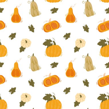 Çeşitli el yapımı balkabakları ve yapraklarla sonbahar pürüzsüz deseni. Turuncu kabak ve sebzeli sonbahar hasat geçmişi. Kumaş, tekstil ve Şükran Günü dekorasyonu için harika.