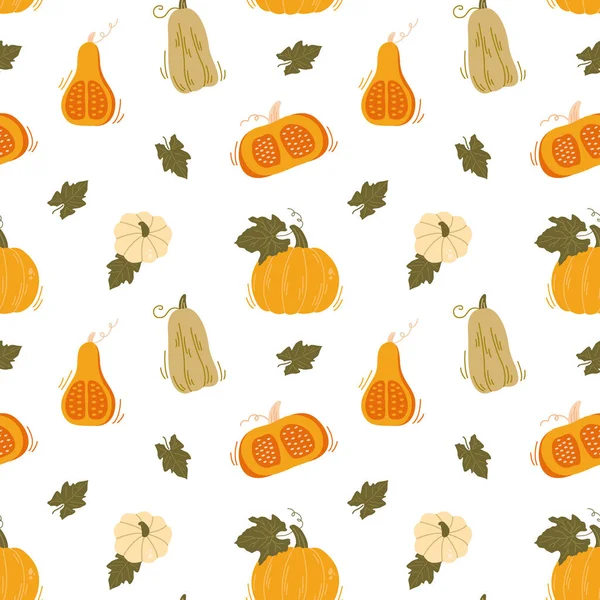 Çeşitli el yapımı balkabakları ve yapraklarla sonbahar pürüzsüz deseni. Turuncu kabak ve sebzeli sonbahar hasat geçmişi. Kumaş, tekstil ve Şükran Günü dekorasyonu için harika.