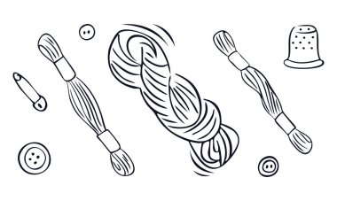 Dikiş ve nakış aletlerinin el çizimi vektör çizimi. İplik derileri, düğmeler, yüksük ve minimalist karalama tarzında bir çengelli iğne. Beyaz arkaplanda izole.