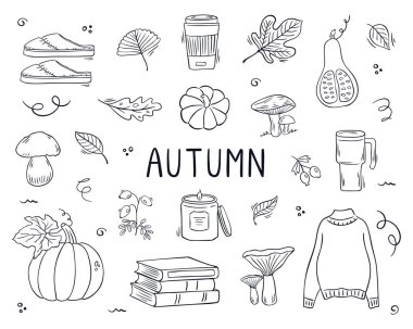 Balkabakları, mantarlar, yapraklar, süveter, kitaplar ve kahvenin yer aldığı rahat sonbahar karalama seti. Mevsimsel tasarım ve hygge dekoru için elde çizilmiş siyah-beyaz vektör çizimi.
