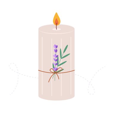 Lavanta filizi ve yayla süslenmiş kokulu mum. Aromaterapi, spa ve rahat ev dekorasyonu için resim, beyaza izole edilmiş. Vektör illüstrasyonu