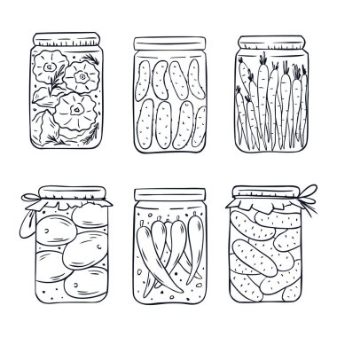 Elle çizilmiş cam kavanozlar ve turşulu sebzeler. Yiyecek tasarımı için havuç, salatalık ve biber karalamaları.