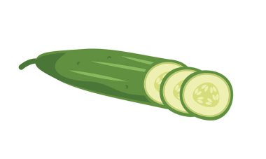 Salatalık vektör çizimi. Beyaz arka planda izole edilmiş salatalık mermileri. Sağlıklı yiyecekler, salata malzemeleri ve cilt bakım temaları için düz tasarım simgesi.