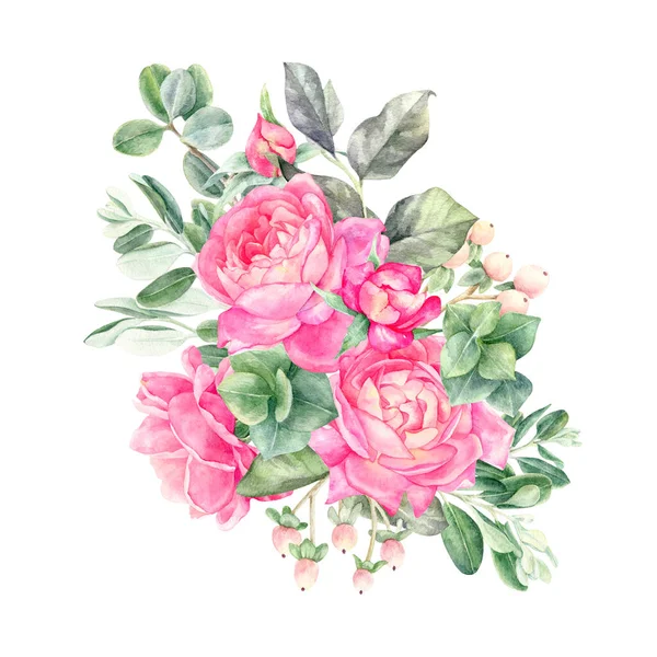 Akvarel květinové aranžmá s listy, bylinky, květiny. — Stock fotografie