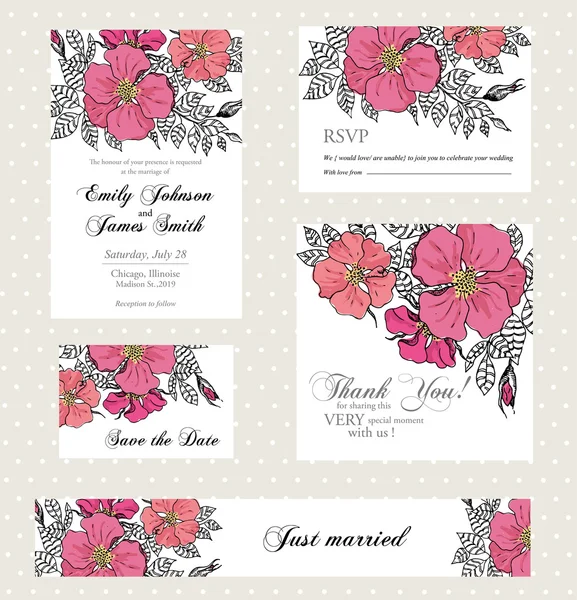 Ensemble d'invitation de mariage avec fleurs vintage — Image vectorielle