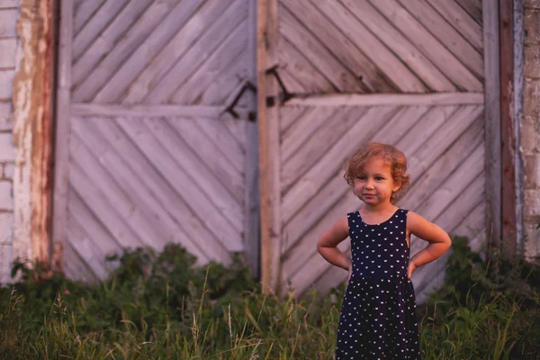 Bambina in piedi vicino al cancello al tramonto — Foto Stock