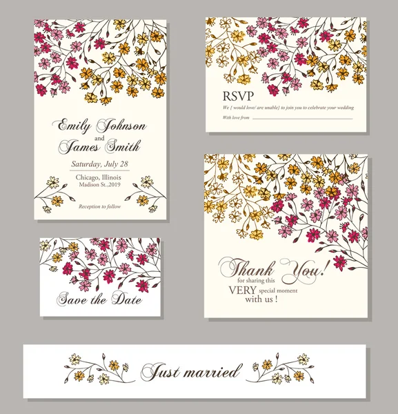 ビンテージ花の招待カードのセット — ストックベクタ