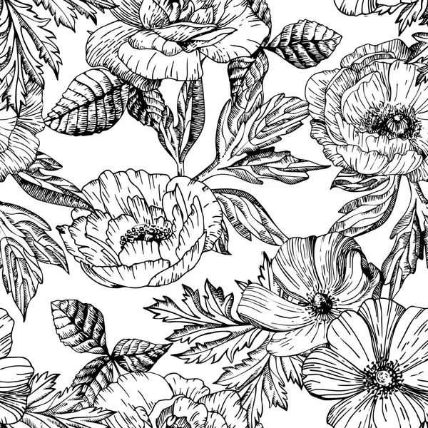 Patrón sin costura en blanco y negro con flores — Archivo Imágenes Vectoriales