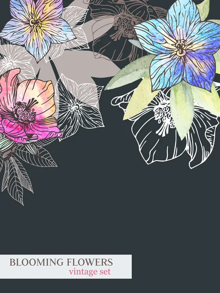 美しい水彩画花とパターン — ストックベクタ