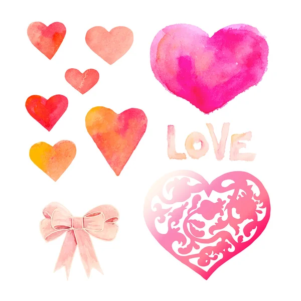 Akvarell hjärtan symboluppsättning — Stock vektor