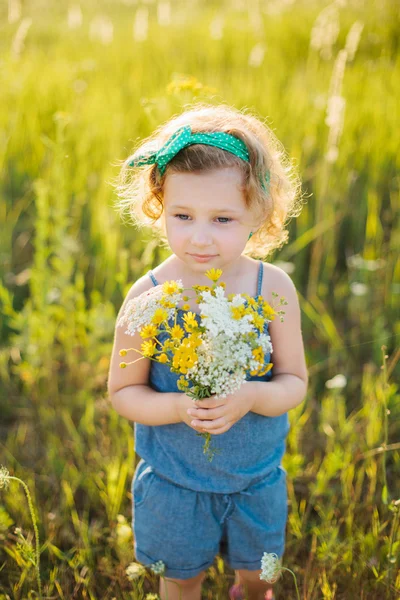 Porträt eines kleinen Mädchens, das auf dem Feld geht — Stockfoto