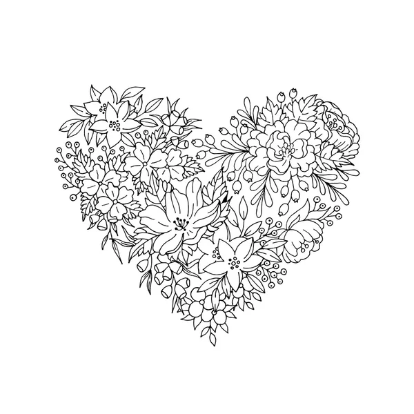 Corazón floral blanco y negro — Vector de stock