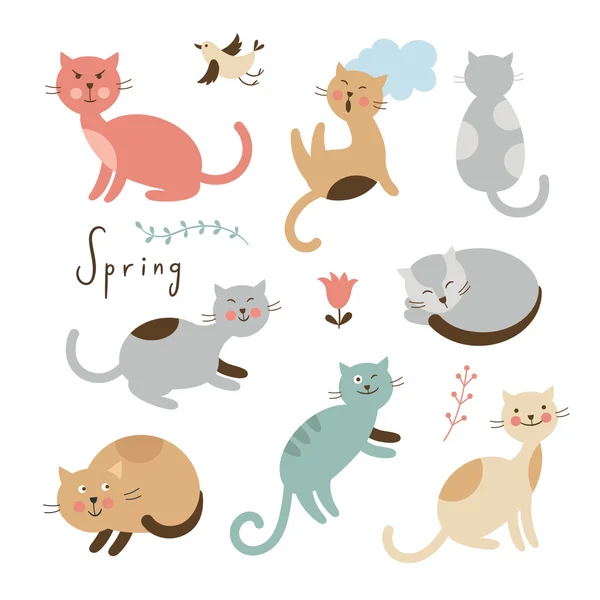 Conjunto de gatos lindos vector. Gatos de dibujos animados en varias poses — Vector de stock