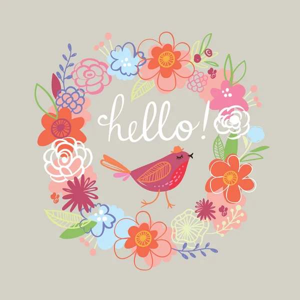 Carte de design floral, Bonjour lettrage — Image vectorielle