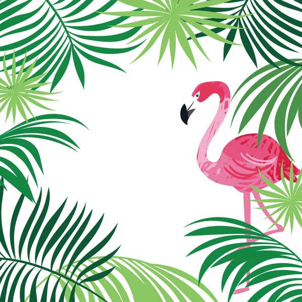 Roze flamingo en palmbladeren — Stockvector