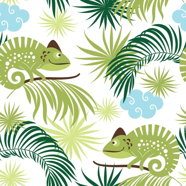 Tropical pattern with chameleons — Stock Vector