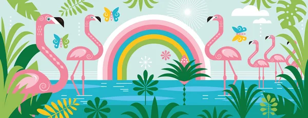 Flamingo Regenboog Palmbladeren Cartoon Vector Illustratie Horizontale Banner — Stockvector