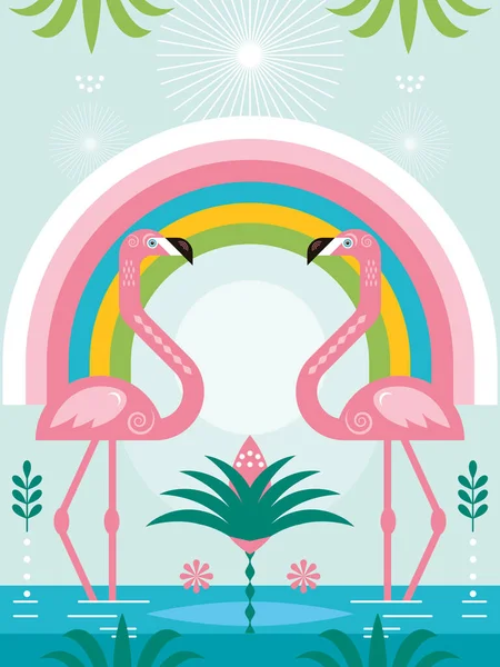 Flamingos Arco Íris Folhas Palma Desenhos Animados Ilustração Vetorial Bandeira — Vetor de Stock