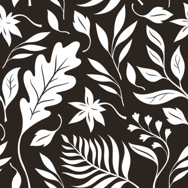 El çizimi siyah yapraklı, soyut, pürüzsüz desen..