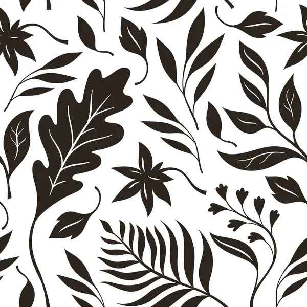 Vector Illustration Hand Drawn Leaves Seamless Pattern Black White Floral — Stock Vector