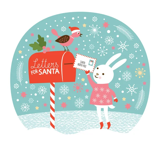 Lettre pour le Père Noël, le petit lapin mignon envoie les lettres pour le Père Noël, carte de Noël — Image vectorielle