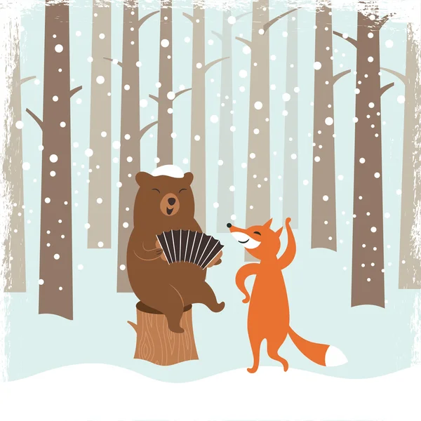 熊和一只可爱的狐狸 — 图库矢量图片
