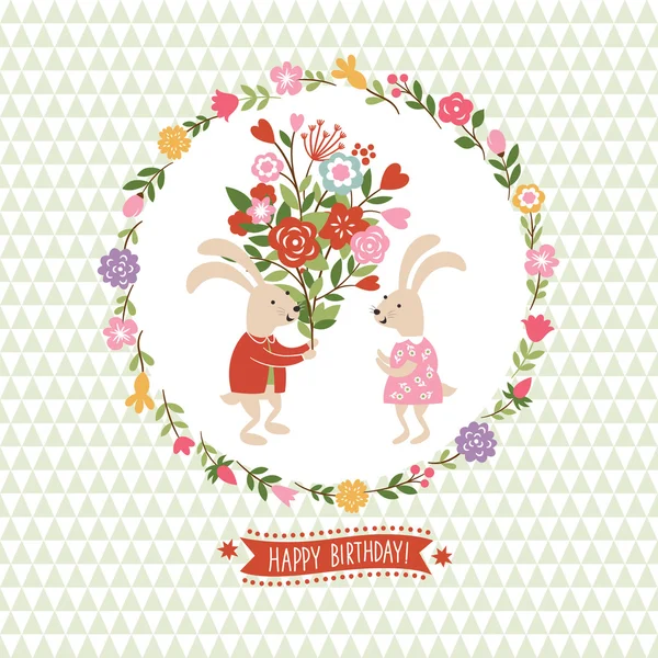 Mutlu doğum günü çiçek kartı ile tavşan — Stok Vektör