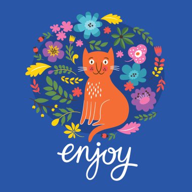 çiçekli kart tasarımı ile kedi