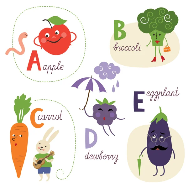 Englisches Alphabet mit Obst und Gemüse — Stockvektor