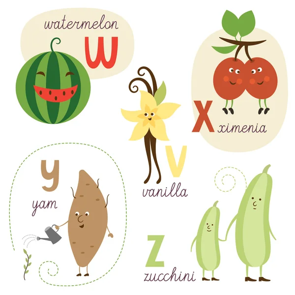 Alfabeto inglés con frutas y verduras — Vector de stock