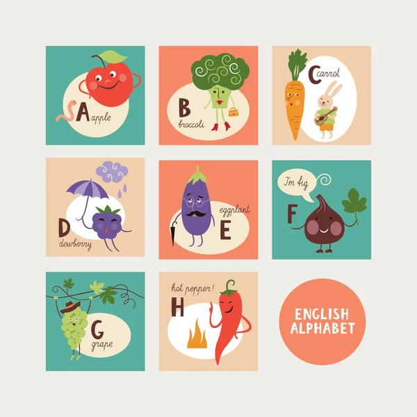 Alfabet englezesc cu fructe și legume — Vector de stoc