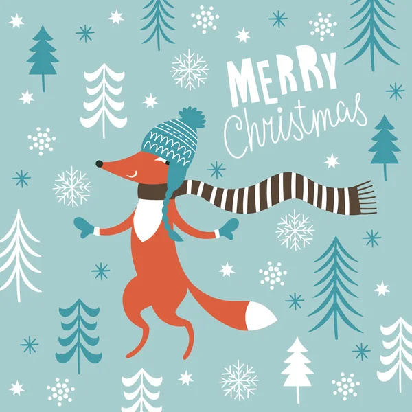 Ευχετήρια Χριστουγεννιάτικη κάρτα με αλεπού — Διανυσματικό Αρχείο