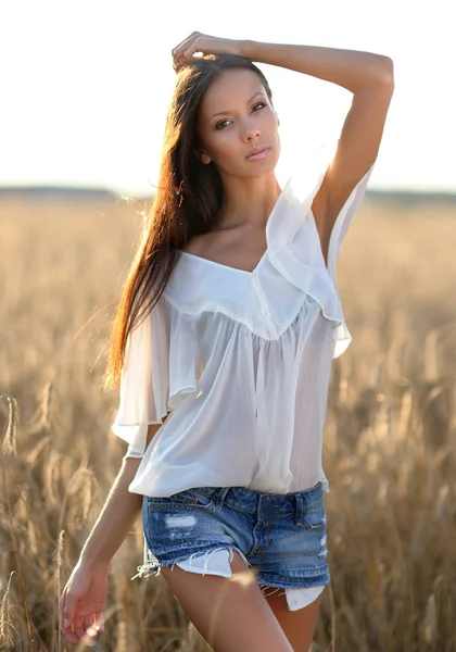 Retrato de uma bela menina sexy no campo de verão — Fotografia de Stock