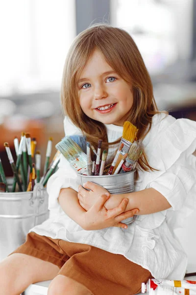 Portrait Little Girl Outdoors Studio Imagem De Stock