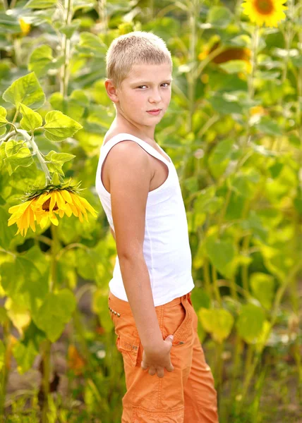 Porträt eines Jungen mit Sonnenblume — Stockfoto