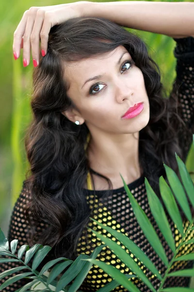 Mooie elegante brunette meisje met palmboom — Stockfoto