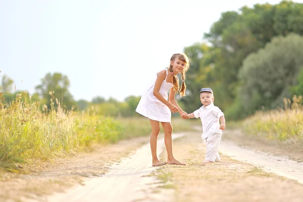 Hermano pequeño y hermana en la naturaleza de verano —  Fotos de Stock