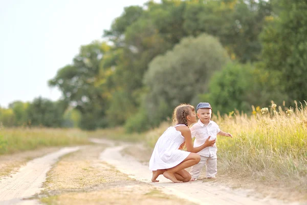 Küçük kız ve erkek kardeşim yaz doğada 