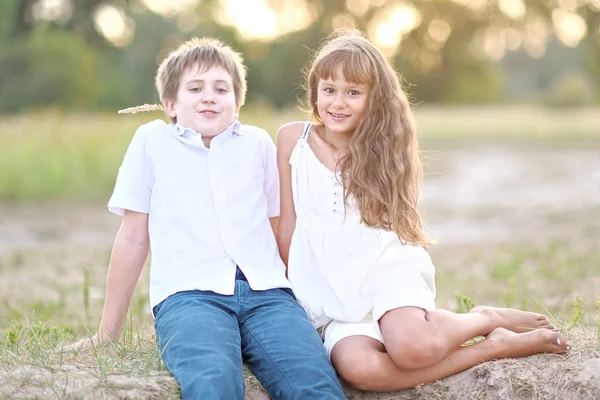 Kleiner Bruder und Schwester in der sommerlichen Natur — Stockfoto