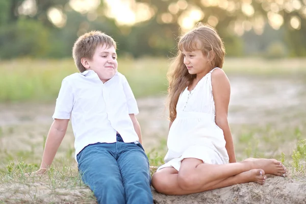 Kleiner Bruder und Schwester in der sommerlichen Natur — Stockfoto